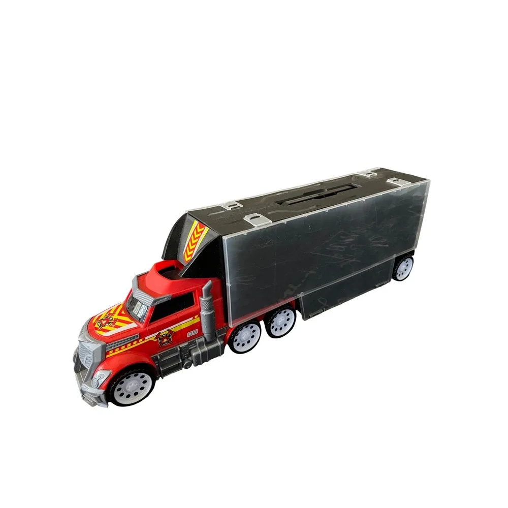 Fire Rescue Toy Truck Carrier Case Red Semi Trailer Holds 24 Diecast Cars